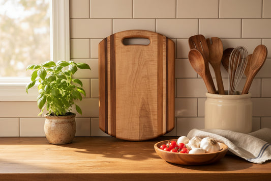 Handcrafted Cutting Board – 12" × 16" × 0.75" Curly Maple, Tigerwood & Padauk with Handle