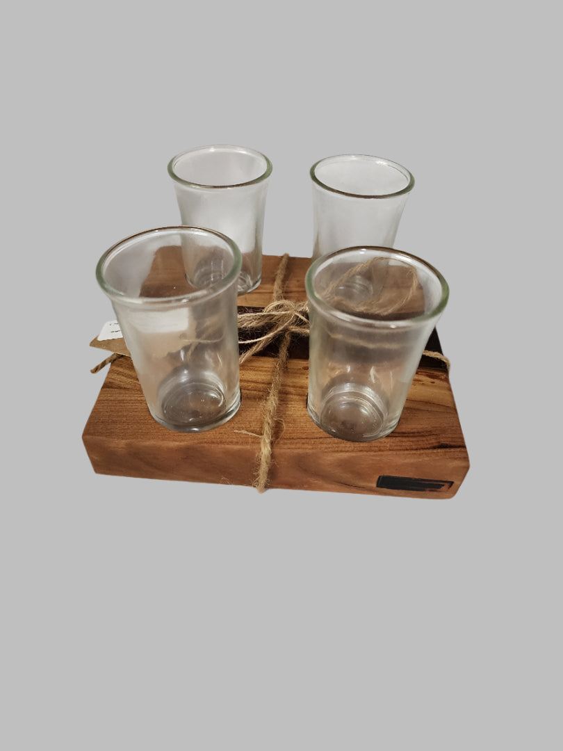 Handcrafted 4-piece shot flight with walnut, cherry, spalted maple, and four clear shot glasses.
