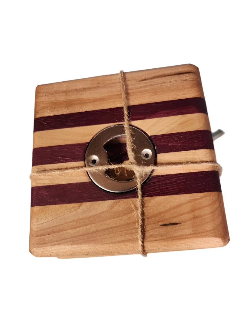 Handcrafted Maple and Purple Heart Coasters with Bottle Openers – 5-Pack (4.25" x 4.25" x 5/8")