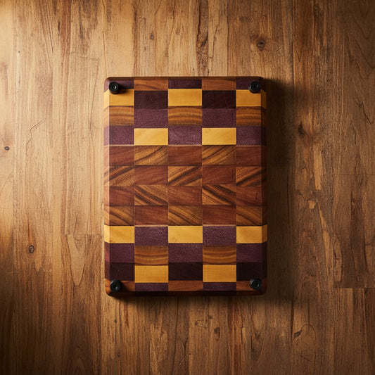 Handcrafted End‑Grain Exotic Woods Butcher Block — Purpleheart, Yellowheart, Canarywood, Tigerwood & Ambrosia Maple (8x11x2")