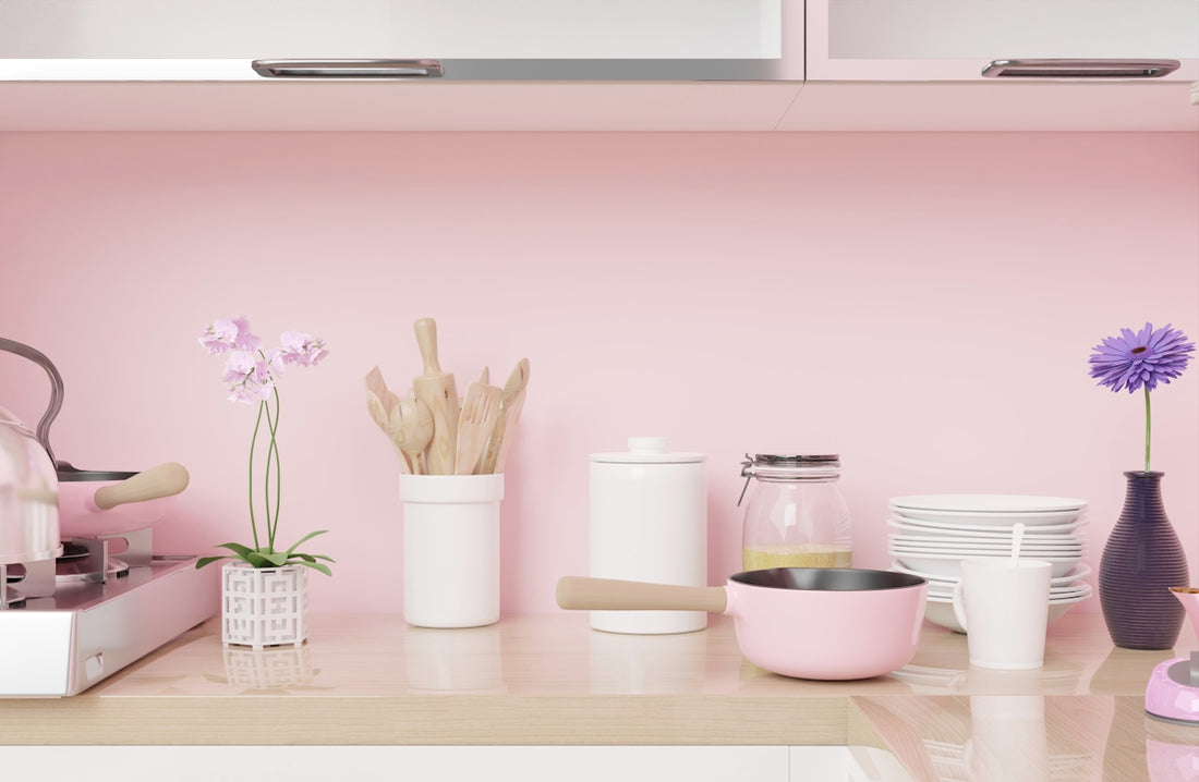 a kitchen counter topped with lots of dishes and vases