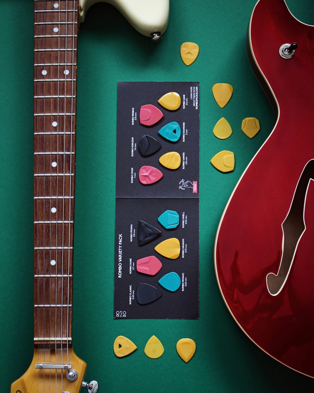 a guitar, a guitar picker, and a pair of guitar picks