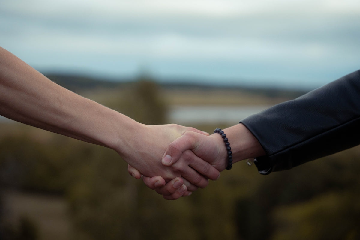 Two people shake hands in a symbolic gesture.