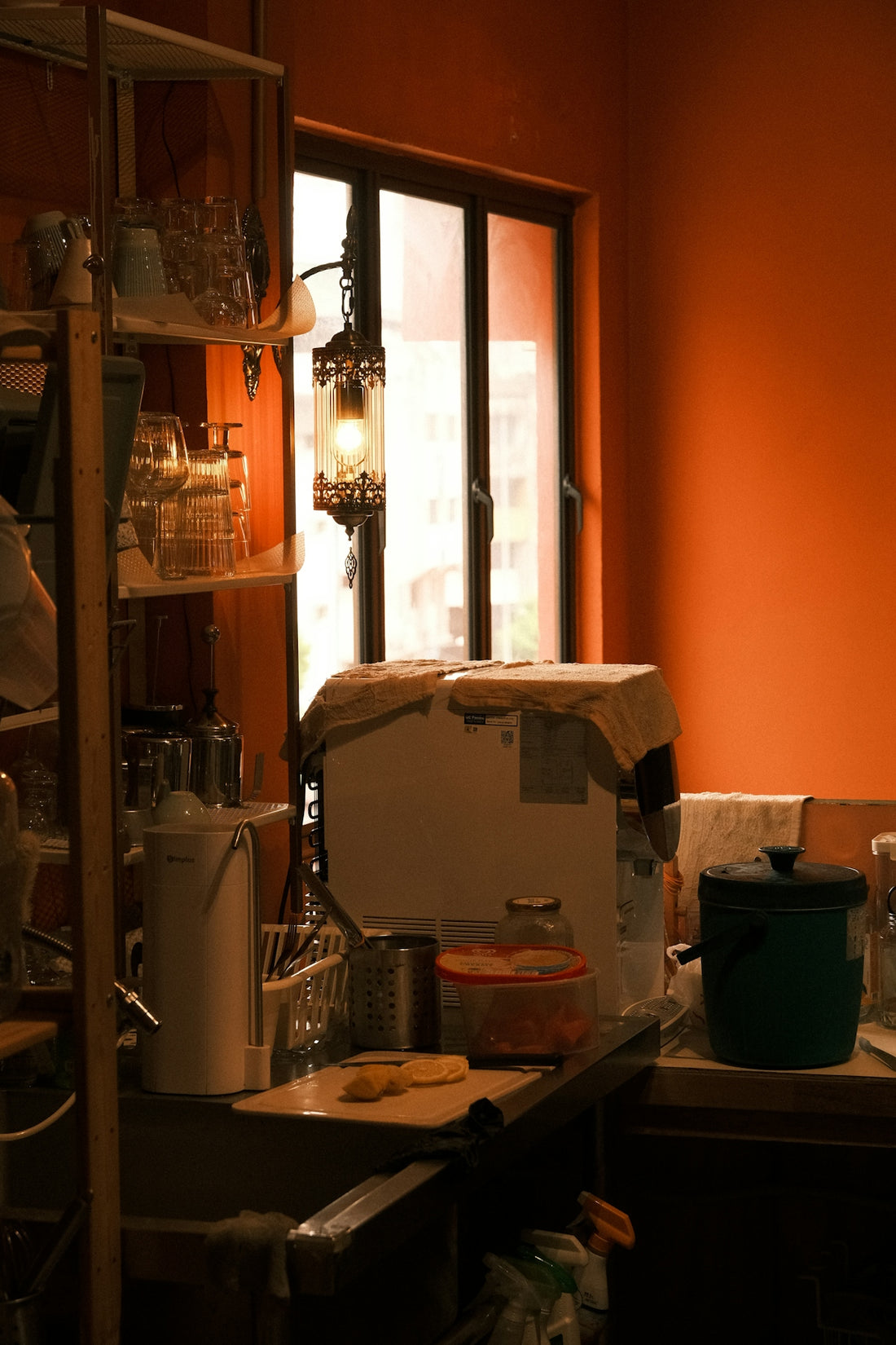 Kitchen corner with shelves and appliances