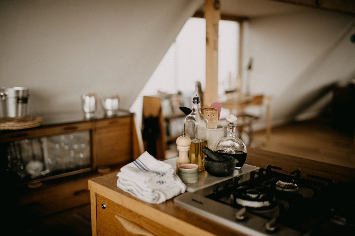 Kitchen counter with cooking ingredients and utensils