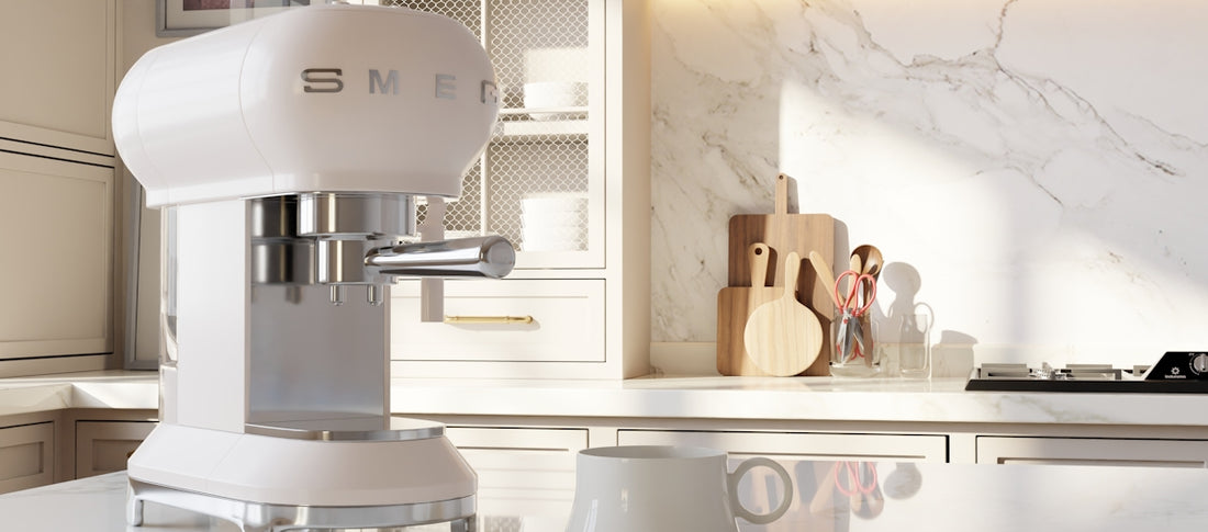 White espresso machine on a kitchen counter.