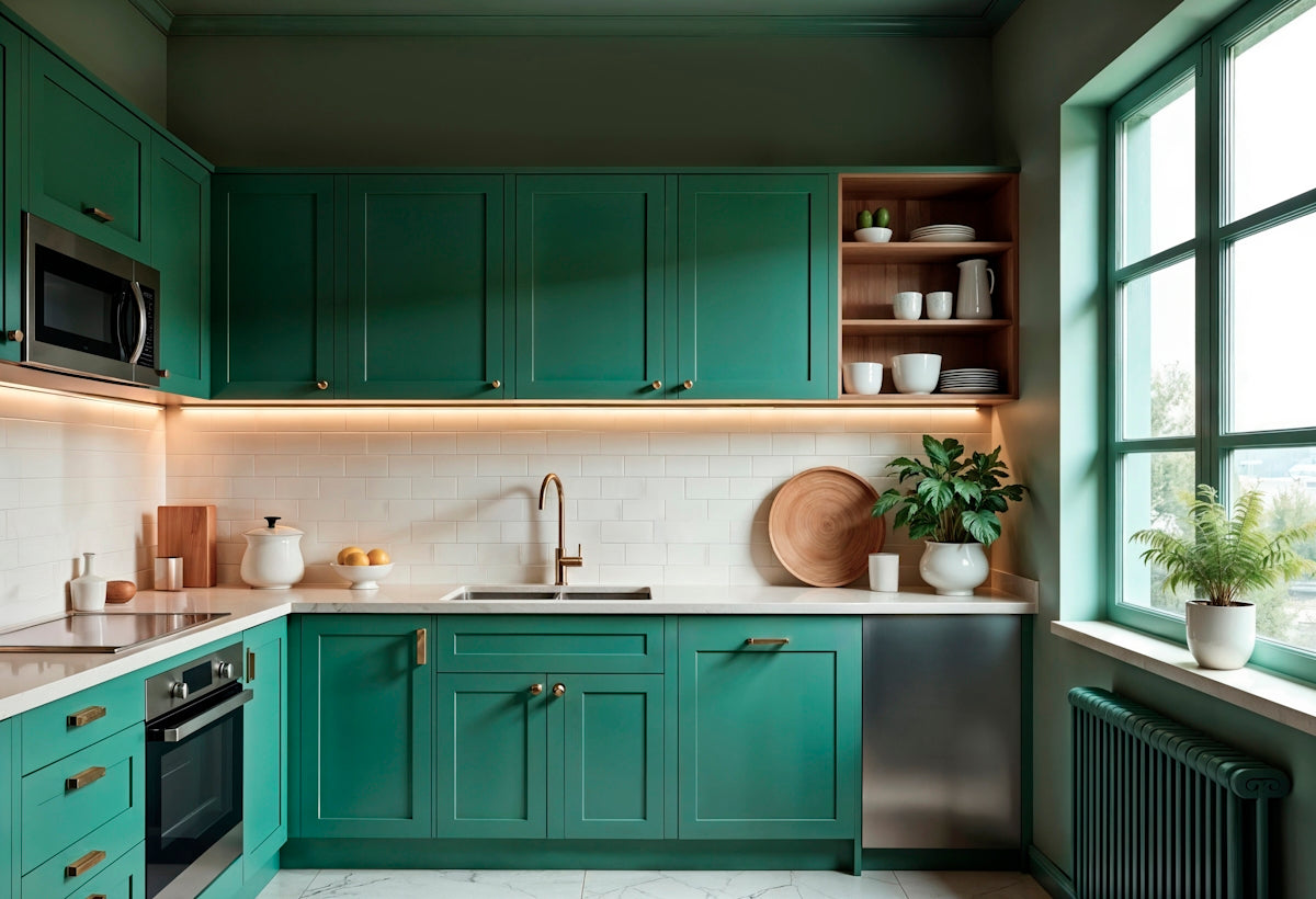 A modern green kitchen with stainless steel appliances.