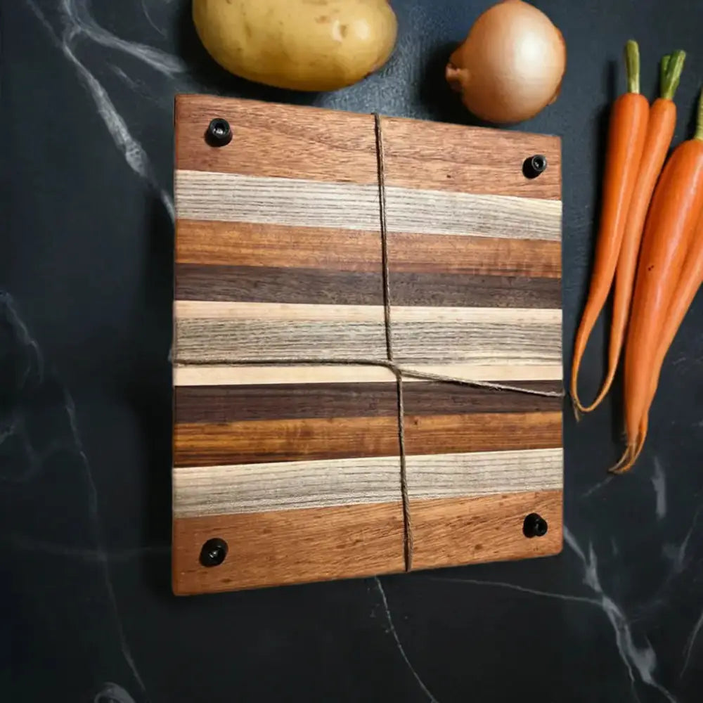 10.5" x 12" x 1.5" Handcrafted Cutting Board - Mahogany, Hackberry, Tigerwood, Walnut, Maple, Non-Slip Peg Feet, Eco-Friendly (SB-3716) - Stewarts Blocks and Boards