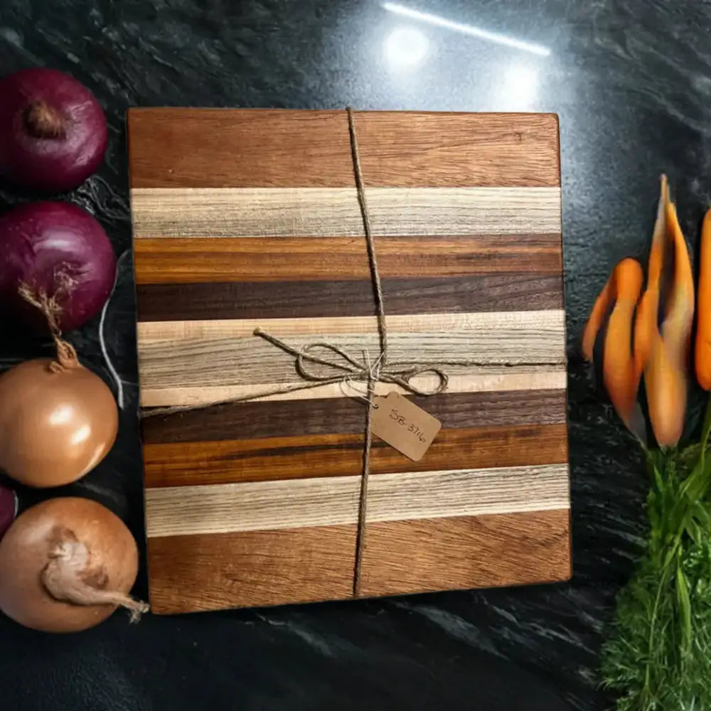 10.5" x 12" x 1.5" Handcrafted Cutting Board - Mahogany, Hackberry, Tigerwood, Walnut, Maple, Non-Slip Peg Feet, Eco-Friendly (SB-3716) - Stewarts Blocks and Boards