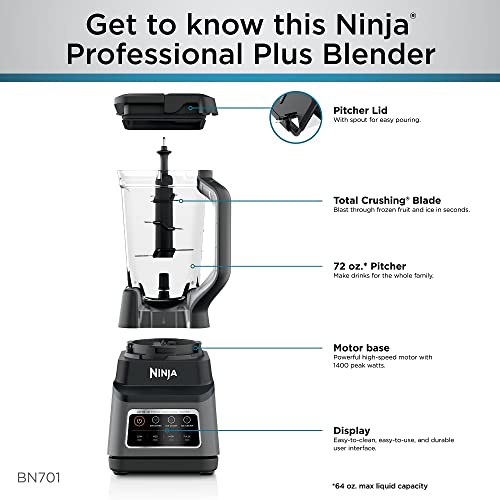 Ninja BN801 Professional Plus Kitchen System, 1400 WP, 5 Functions for Smoothies, Chopping, Dough & More with Auto IQ, 72-oz.* Blender Pitcher, 64-oz. Processor Bowl, (2) 24-oz. To-Go Cups, Grey