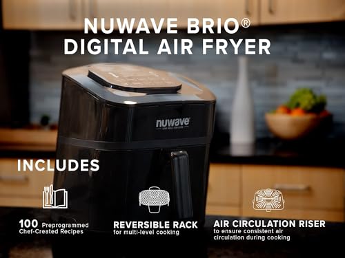 Nuwave Brio Air Fryer Oven, 15.5Qt X-Large Family Size, SS Rotisserie Basket &Skewer-Kit, Reversible Ultra Non-Stick Grill/Griddle Plate, Powerful 1800W, Integrated Smart Thermometer,Black