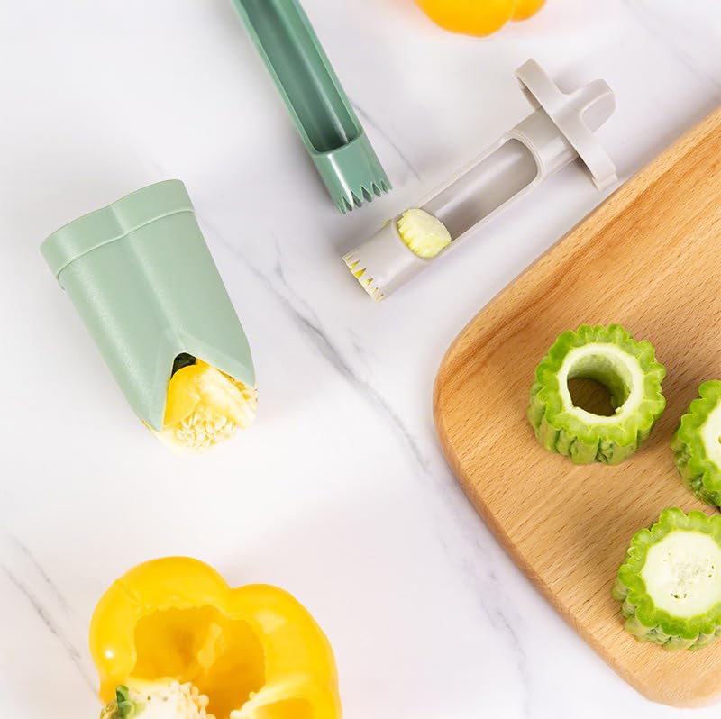 Pepper Corer, 2 in 1 Red Bell Pepper Seed Corer Remover Tool, Fruit & Vegetable Corers Quick Cave Tools for Jalapeno Cutter Deseeder, Blue Yellow, 3 PCS