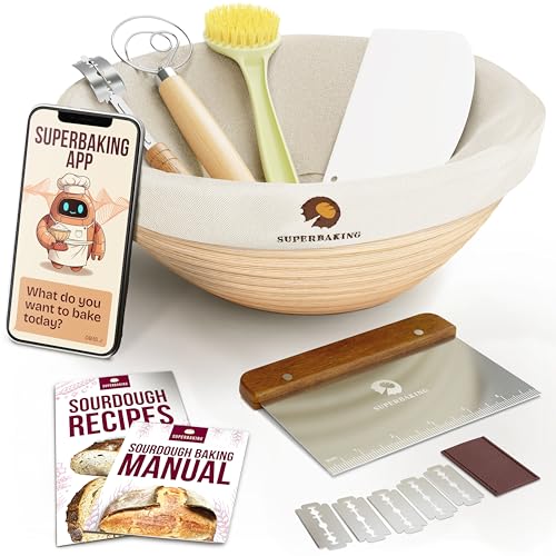Superbaking 2 pcs Banneton Bread Proofing Basket, 9" Splinter-Free Round Rattan Bread Basket with Liners, Sourdough Starter Kit, Sourdough Bread Baking Supplies & Sourdough Kit, Bread Making Tools