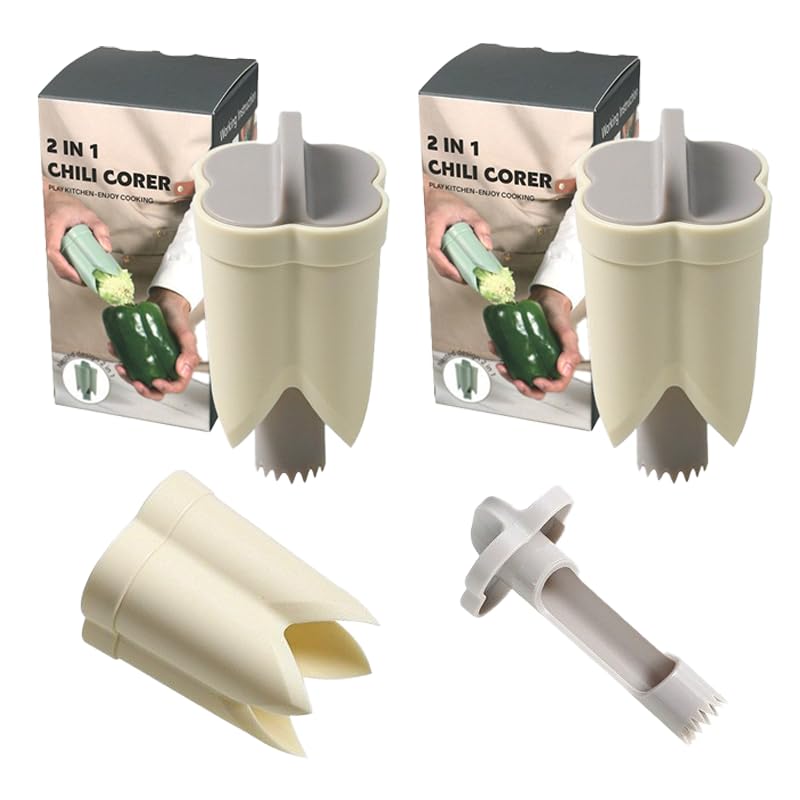 Pepper Corer, 2 in 1 Red Bell Pepper Seed Corer Remover Tool, Fruit & Vegetable Corers Quick Cave Tools for Jalapeno Cutter Deseeder, Blue Yellow, 3 PCS