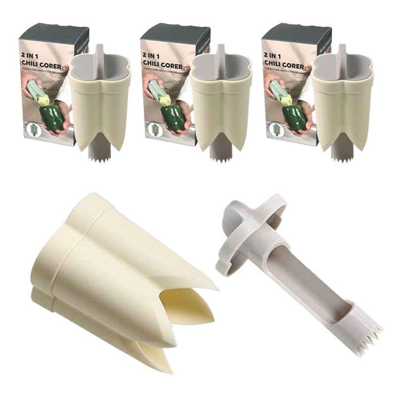 Pepper Corer, 2 in 1 Red Bell Pepper Seed Corer Remover Tool, Fruit & Vegetable Corers Quick Cave Tools for Jalapeno Cutter Deseeder, Blue Yellow, 3 PCS