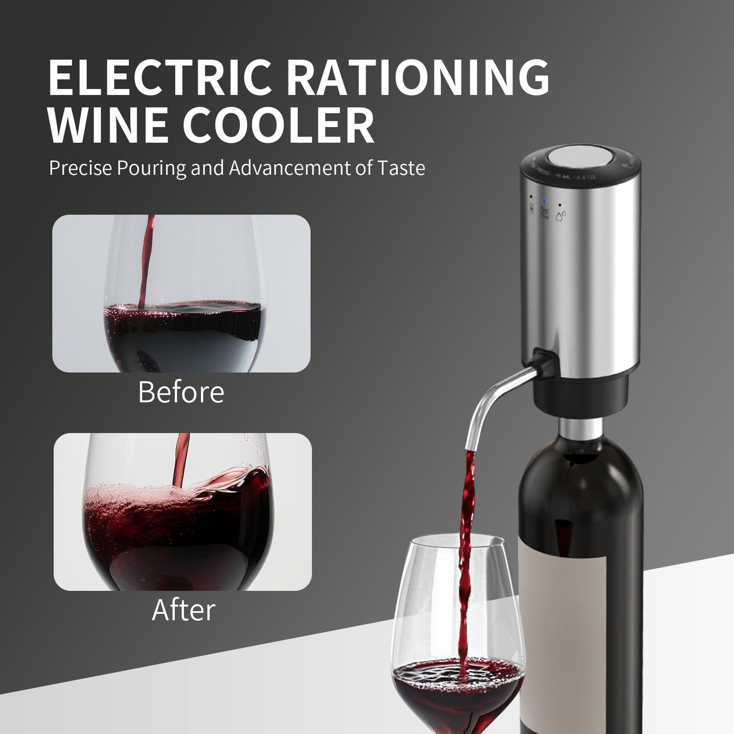 Rechargeable Wine aerator Electric Wine Decanter, Automatic Wine Dispenser withStorage Base,Two Modes:long press to continuously Dispense wine/single press to Dispense75ml of Wine