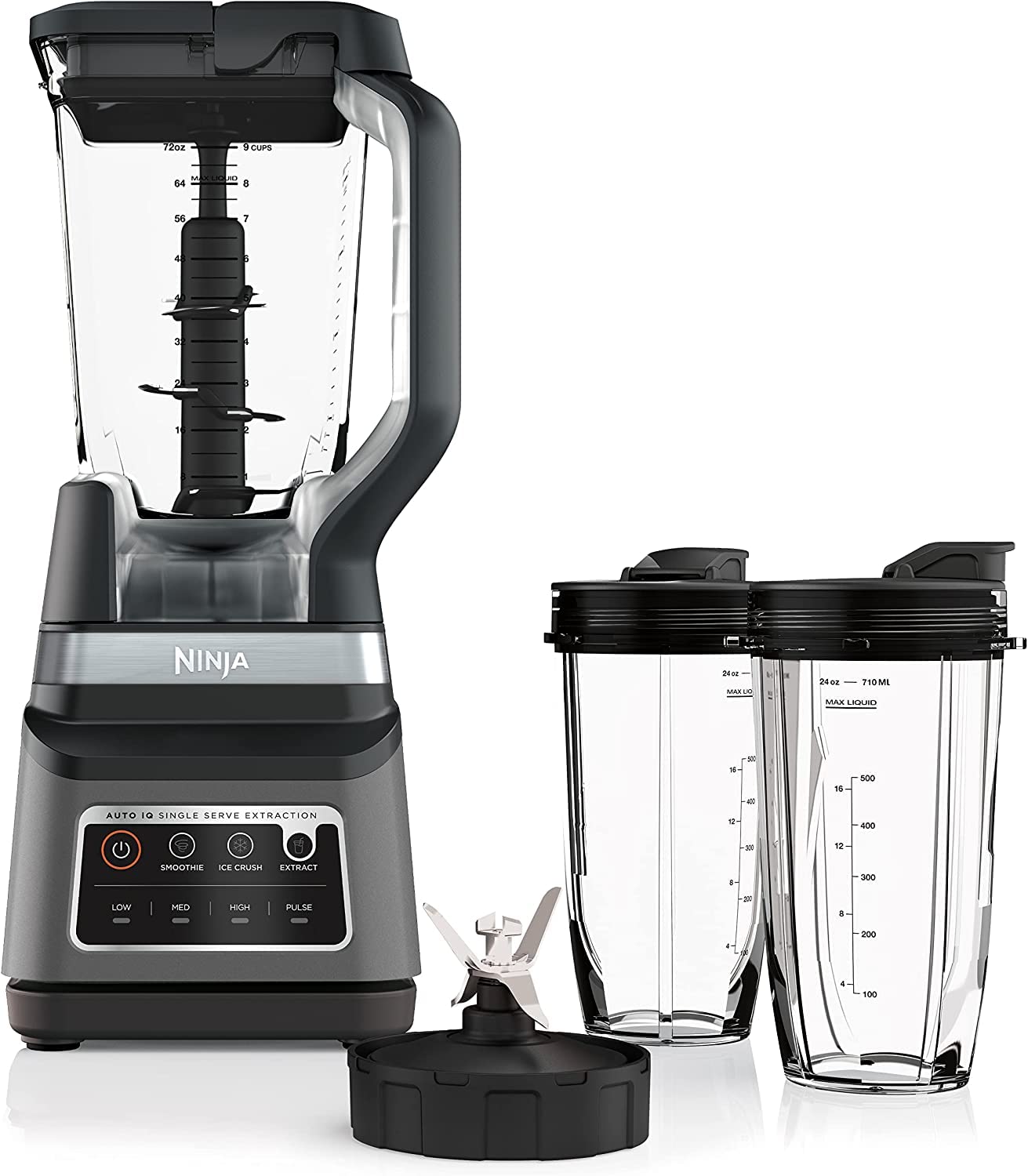 Ninja BN801 Professional Plus Kitchen System, 1400 WP, 5 Functions for Smoothies, Chopping, Dough & More with Auto IQ, 72-oz.* Blender Pitcher, 64-oz. Processor Bowl, (2) 24-oz. To-Go Cups, Grey