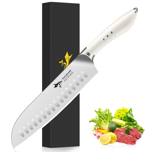 MAD SHARK 8 Inch Santoku Knife - Ultra Sharp Japanese Kitchen Knife, High Carbon German Steel, Ergonomic Handle - Ideal for Slicing, Dicing & Chopping - Unique Gift for Chefs, Men & Women (White)