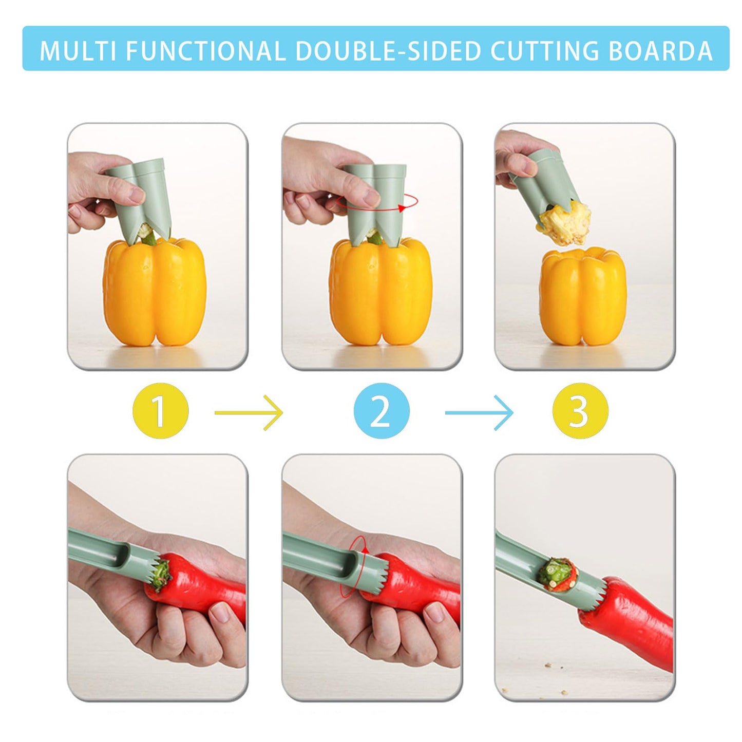 Pepper Corer, 2 in 1 Red Bell Pepper Seed Corer Remover Tool, Fruit & Vegetable Corers Quick Cave Tools for Jalapeno Cutter Deseeder, Blue Yellow, 3 PCS