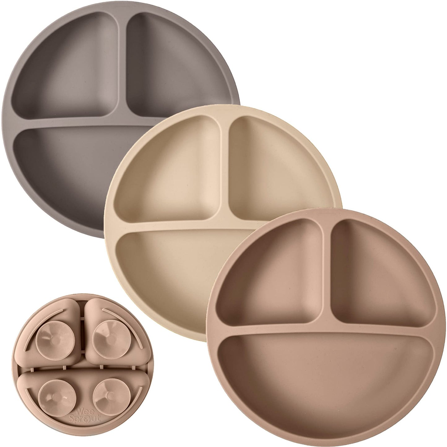 WeeSprout Suction Plates with Lids for Babies & Toddlers - 100% Silicone, Dinnerware Stays Put, Divided Design for Picky Eaters, Microwave & Dishwasher Friendly, 3 Pack