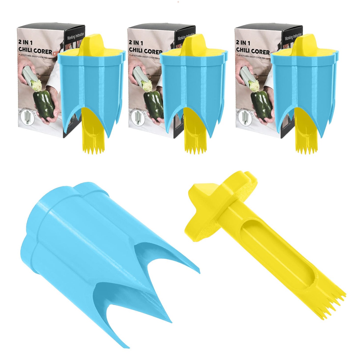 Pepper Corer, 2 in 1 Red Bell Pepper Seed Corer Remover Tool, Fruit & Vegetable Corers Quick Cave Tools for Jalapeno Cutter Deseeder, Blue Yellow, 3 PCS