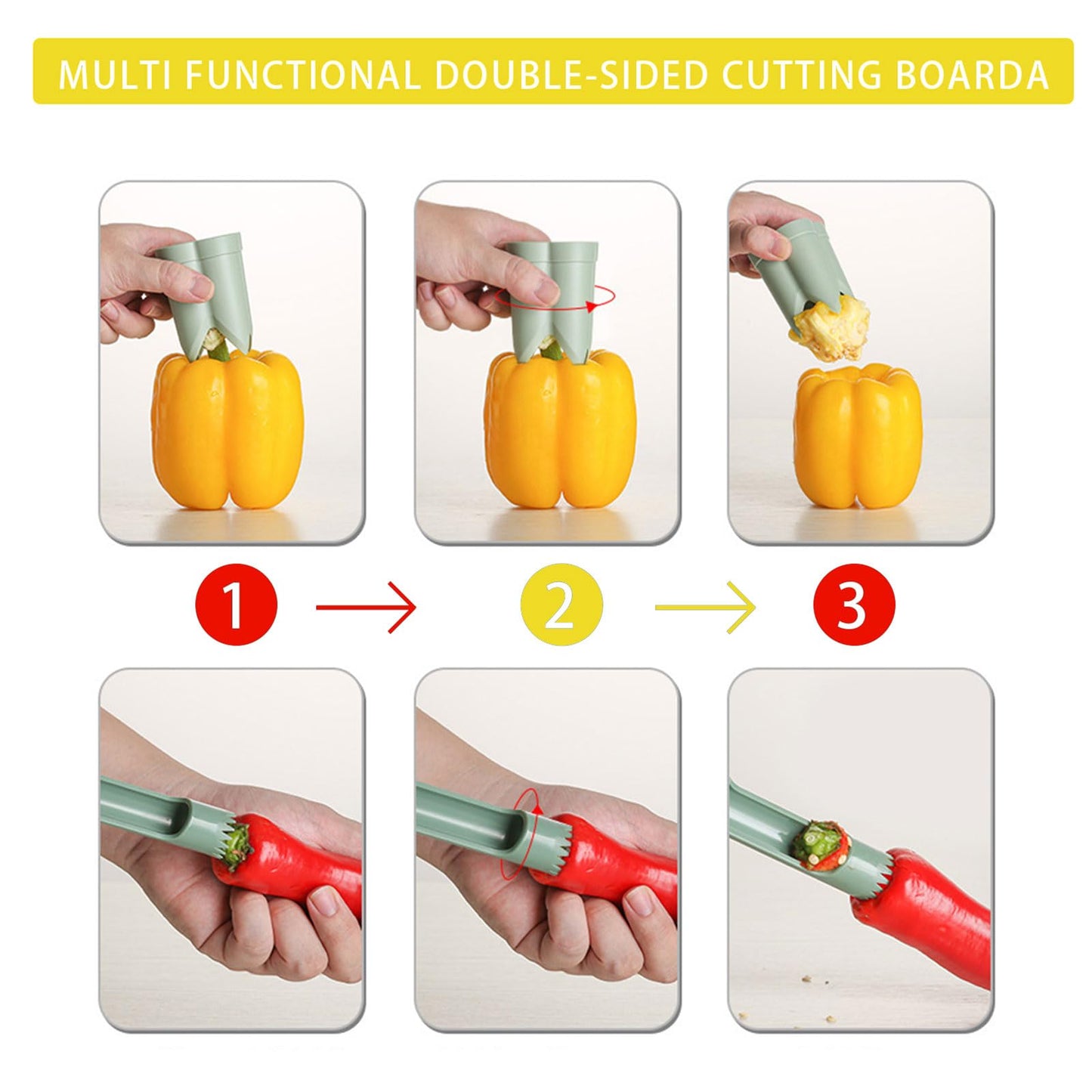 Pepper Corer, 2 in 1 Red Bell Pepper Seed Corer Remover Tool, Fruit & Vegetable Corers Quick Cave Tools for Jalapeno Cutter Deseeder, Blue Yellow, 3 PCS