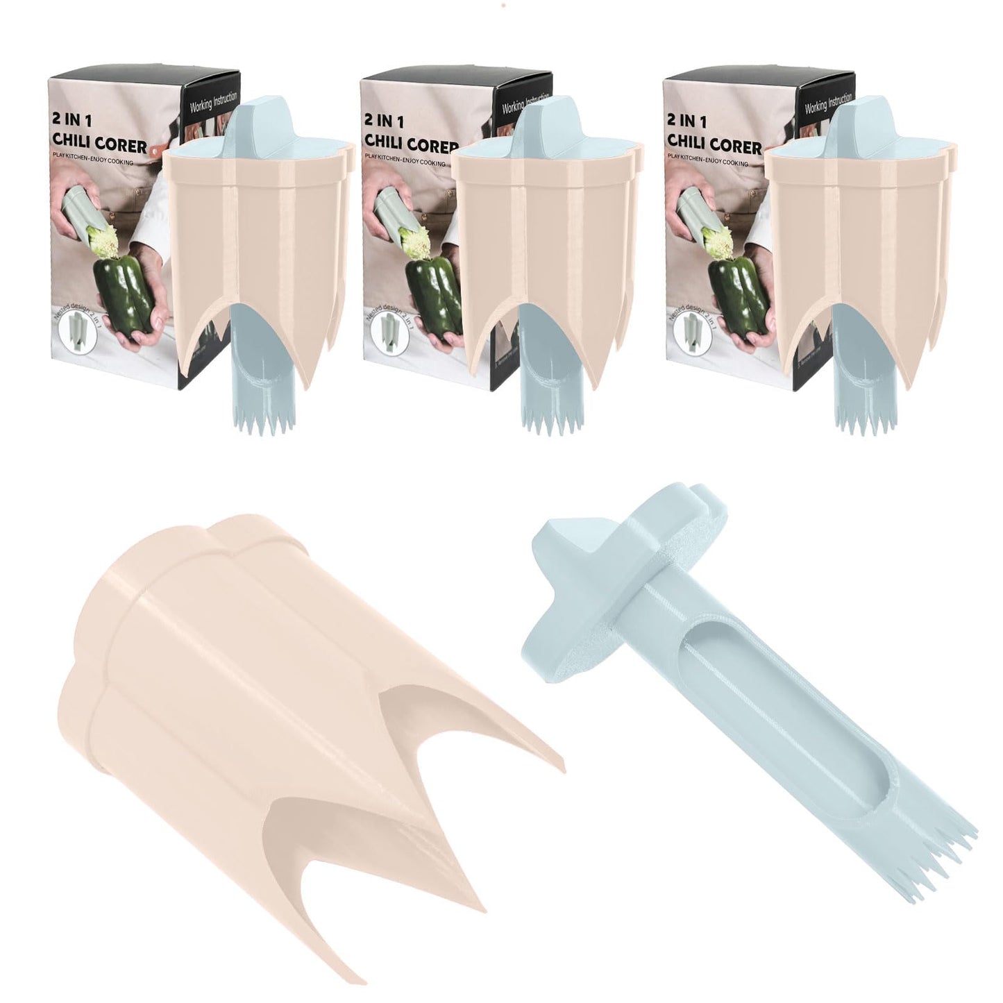 Pepper Corer, 2 in 1 Red Bell Pepper Seed Corer Remover Tool, Fruit & Vegetable Corers Quick Cave Tools for Jalapeno Cutter Deseeder, Blue Yellow, 3 PCS