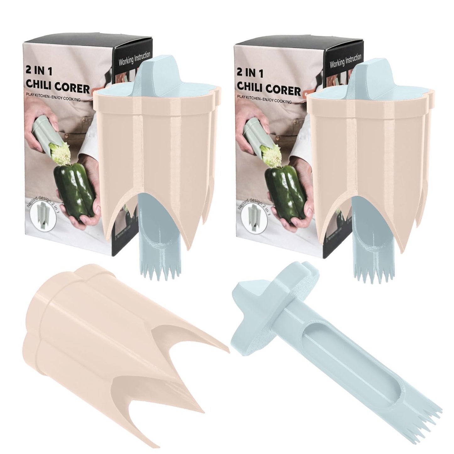 Pepper Corer, 2 in 1 Red Bell Pepper Seed Corer Remover Tool, Fruit & Vegetable Corers Quick Cave Tools for Jalapeno Cutter Deseeder, Blue Yellow, 3 PCS