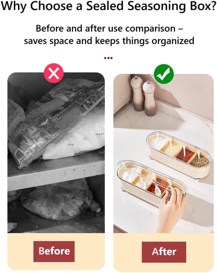 Clear Seasoning Box with 4 Compartments - Spice Organizer with Lids and Spoons - Condiment Container Set for Salt, Sugar, Pepper, and More - Countertop Spice Storage