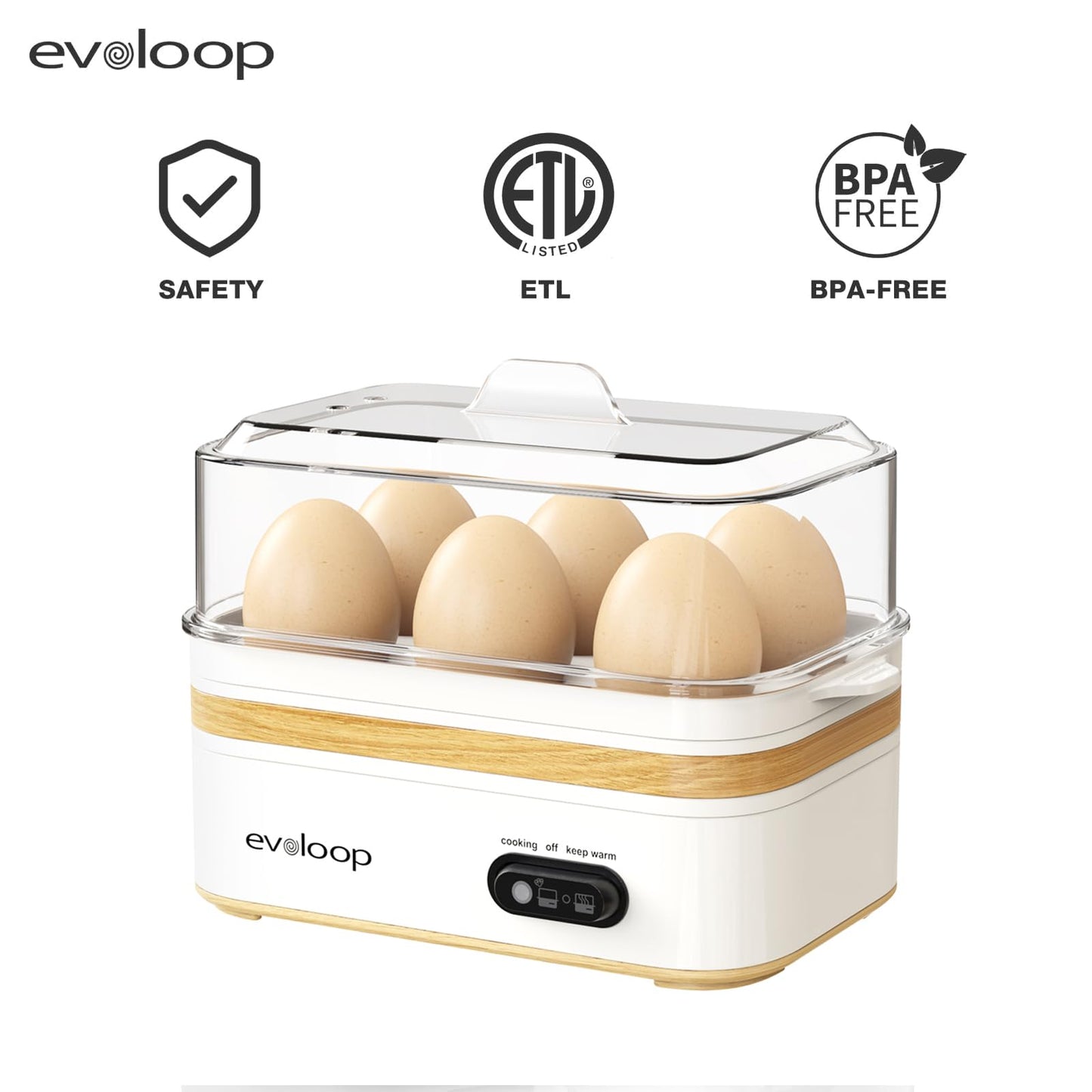 Evoloop Rapid Egg Cooker Electric 6 Eggs Capacity, Soft, Medium, Hard Boiled, Poacher, Omelet Maker Egg Poacher With Auto Shut-Off, BPA Free