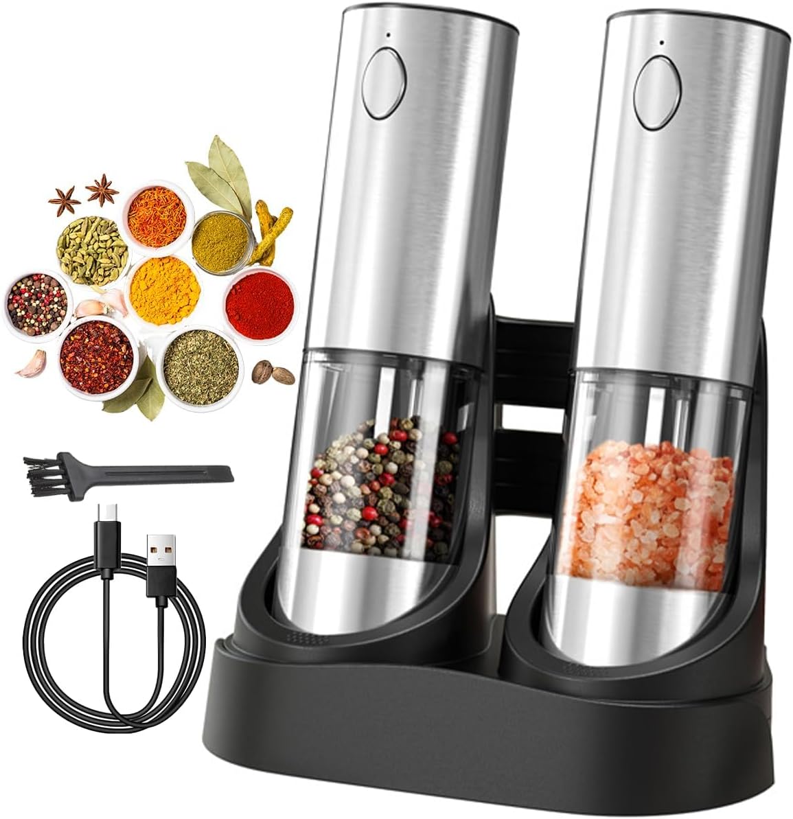 Electric Salt and Pepper Grinder Set, Rechargeable Automatic Stainless Steel Pepper Mills with LED Light, Upgraded Charging Base, Adjustable Coarseness, One-Hand Operation, House Warming Cooking Gifts