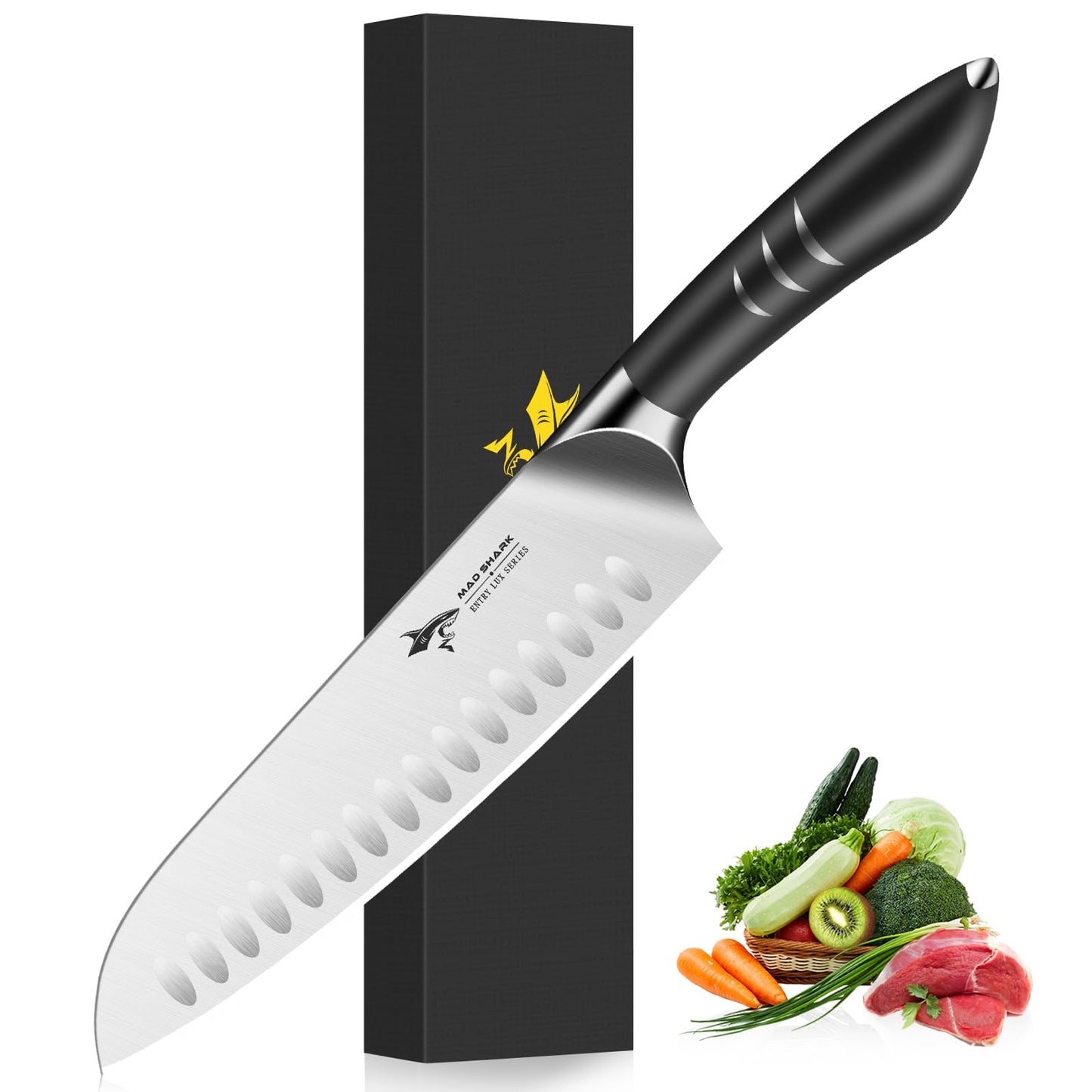 MAD SHARK 8 Inch Santoku Knife - Ultra Sharp Japanese Kitchen Knife, High Carbon German Steel, Ergonomic Handle - Ideal for Slicing, Dicing & Chopping - Unique Gift for Chefs, Men & Women (White)