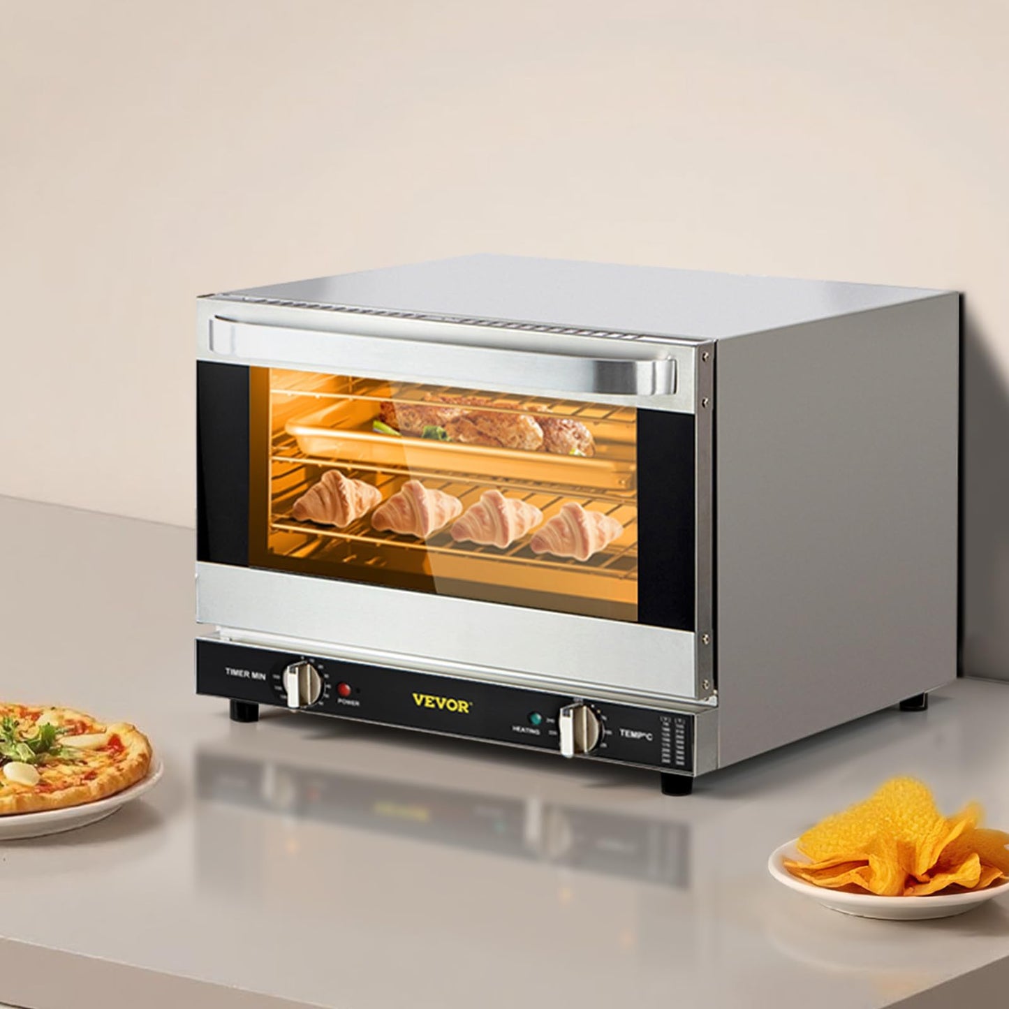 VEVOR Commercial Convection Oven, 21L/19Qt, Quarter-Size Conventional Oven Countertop, 1440W 3-Tier Toaster w/Front Glass Door, Electric Baking Oven w/Trays Wire Racks Clip Gloves, 120V