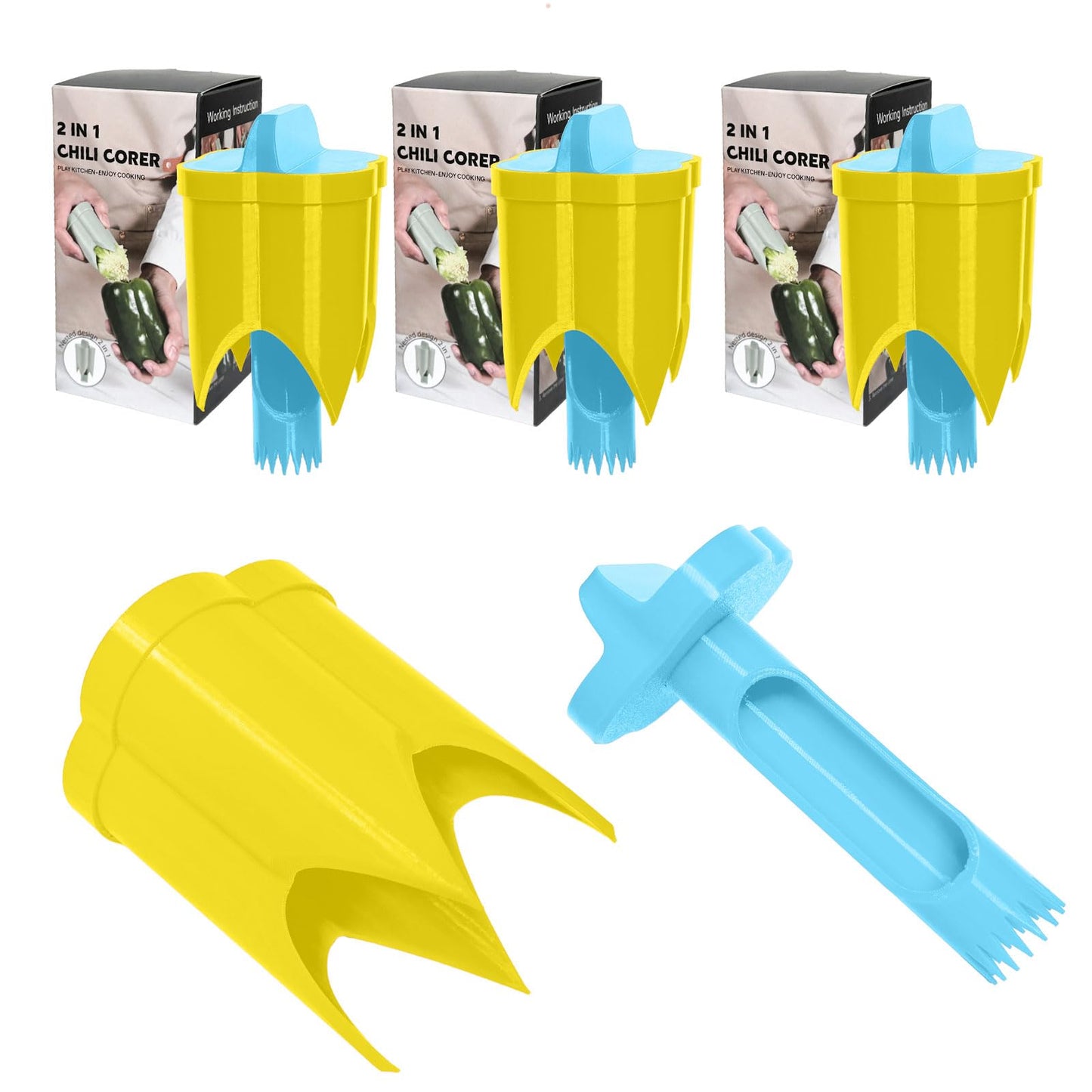 Pepper Corer, 2 in 1 Red Bell Pepper Seed Corer Remover Tool, Fruit & Vegetable Corers Quick Cave Tools for Jalapeno Cutter Deseeder, Blue Yellow, 3 PCS
