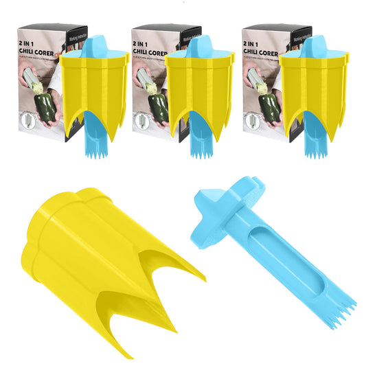 Pepper Corer, 2 in 1 Red Bell Pepper Seed Corer Remover Tool, Fruit & Vegetable Corers Quick Cave Tools for Jalapeno Cutter Deseeder, Blue Yellow, 3 PCS