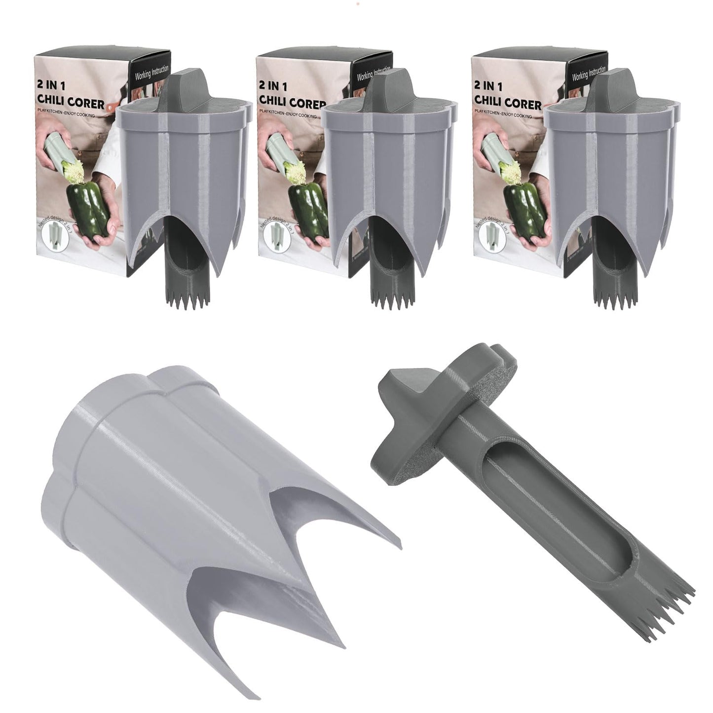 Pepper Corer, 2 in 1 Red Bell Pepper Seed Corer Remover Tool, Fruit & Vegetable Corers Quick Cave Tools for Jalapeno Cutter Deseeder, Blue Yellow, 3 PCS