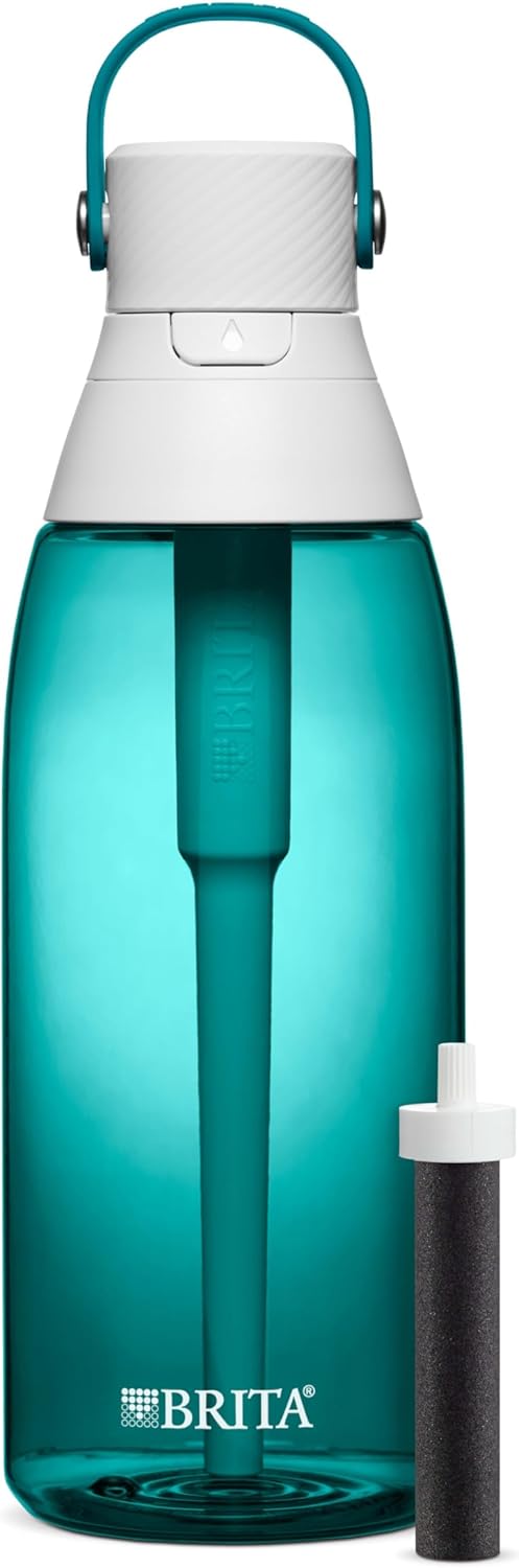Brita Hard-Sided Plastic Premium Filtering Water Bottle, BPA-Free, Reusable, Replaces 300 Plastic Water Bottles, Filter Lasts 2 Months or 40 Gallons, Includes 1 Filter, Sea Glass - 36 oz.