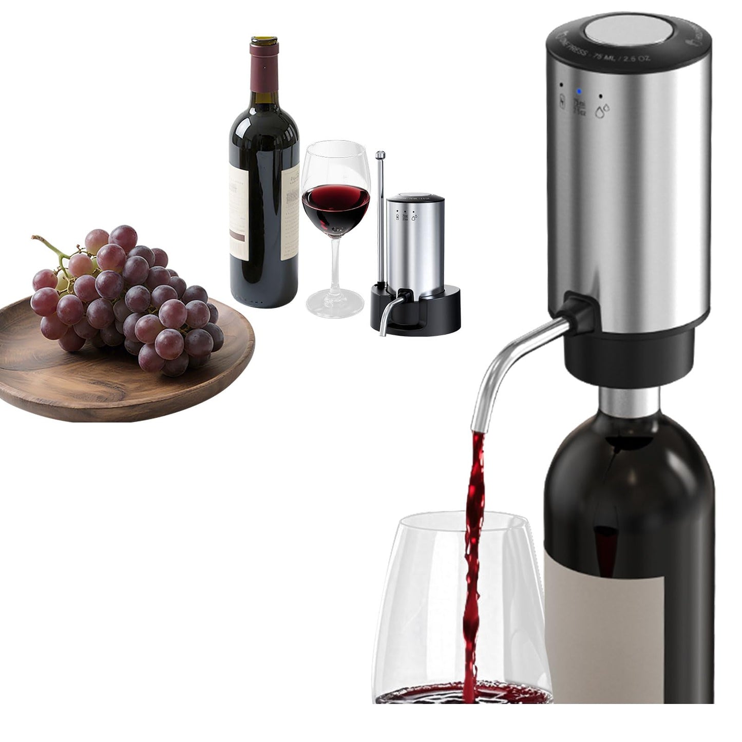 Rechargeable Wine aerator Electric Wine Decanter, Automatic Wine Dispenser withStorage Base,Two Modes:long press to continuously Dispense wine/single press to Dispense75ml of Wine