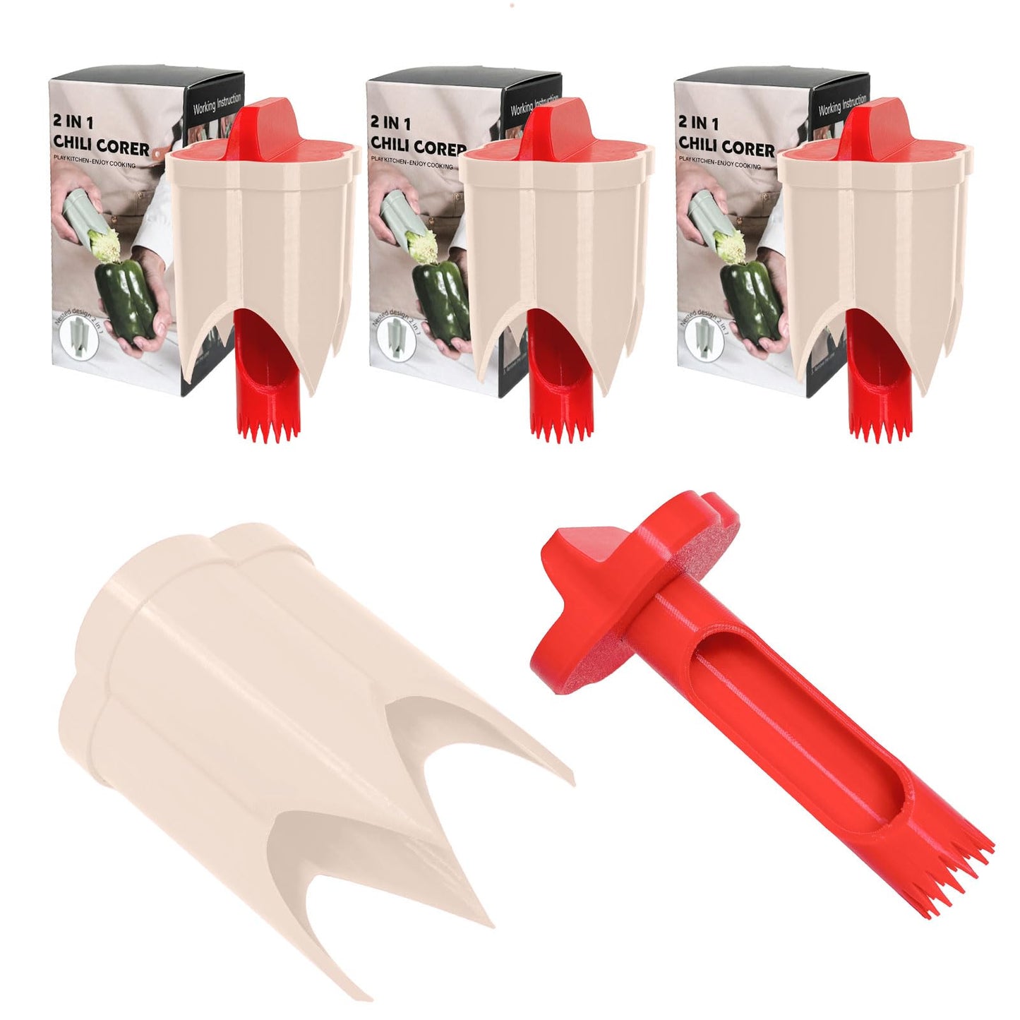 Pepper Corer, 2 in 1 Red Bell Pepper Seed Corer Remover Tool, Fruit & Vegetable Corers Quick Cave Tools for Jalapeno Cutter Deseeder, Blue Yellow, 3 PCS