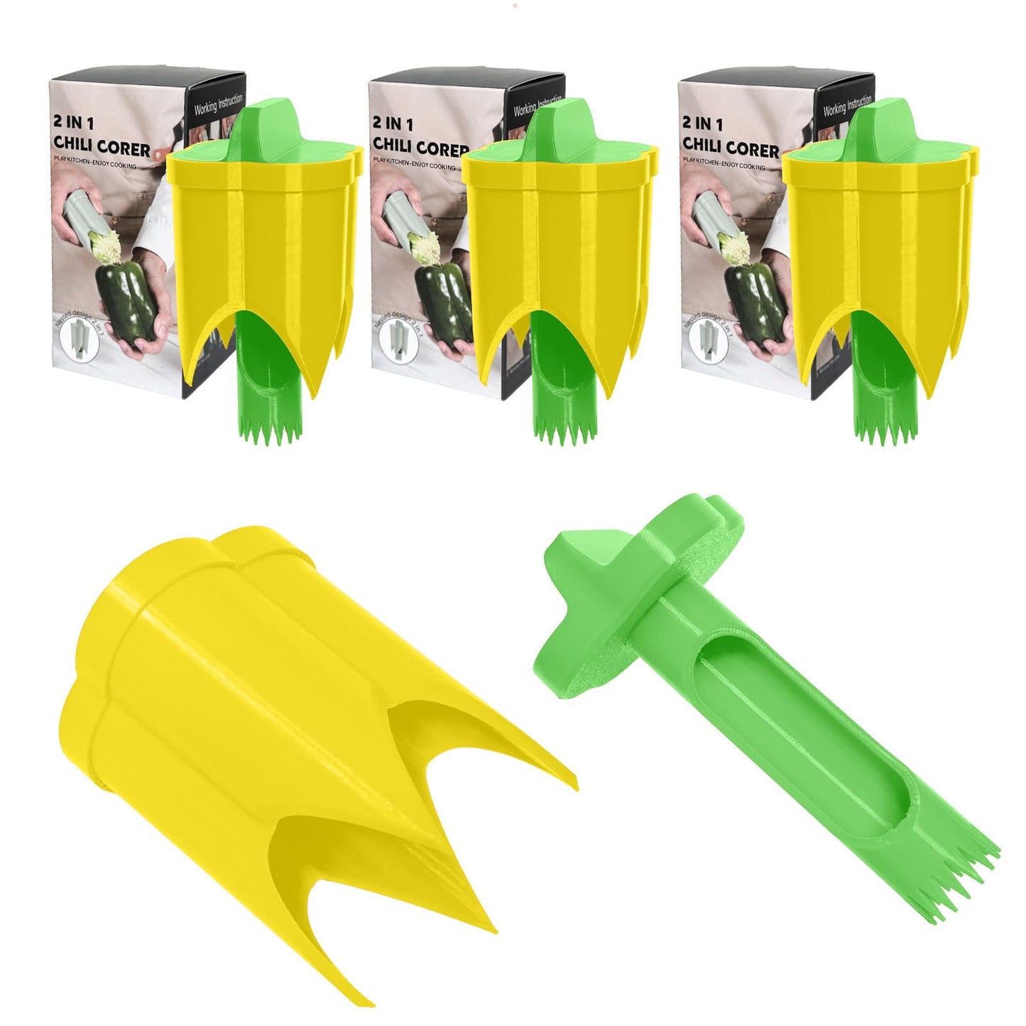 Pepper Corer, 2 in 1 Red Bell Pepper Seed Corer Remover Tool, Fruit & Vegetable Corers Quick Cave Tools for Jalapeno Cutter Deseeder, Blue Yellow, 3 PCS