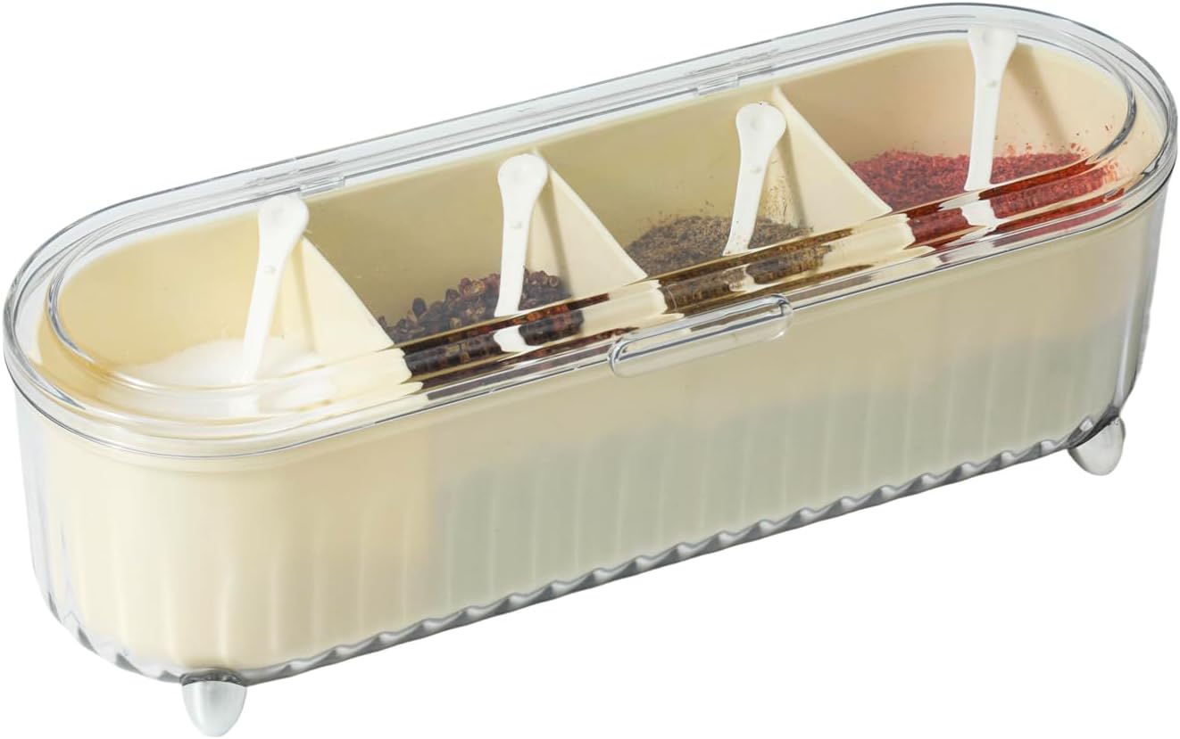 Clear Seasoning Box with 4 Compartments - Spice Organizer with Lids and Spoons - Condiment Container Set for Salt, Sugar, Pepper, and More - Countertop Spice Storage