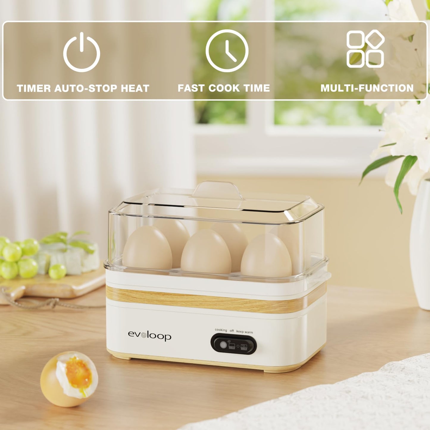Evoloop Rapid Egg Cooker Electric 6 Eggs Capacity, Soft, Medium, Hard Boiled, Poacher, Omelet Maker Egg Poacher With Auto Shut-Off, BPA Free