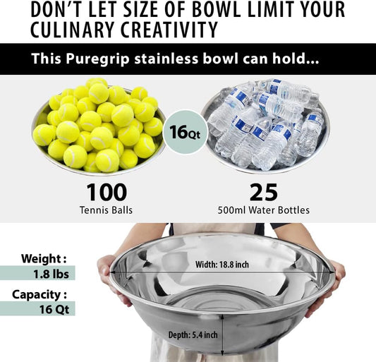Oversized All-Purpose Stainless Steel Bowl for Home & Commercial, 16 Qt, 15 L, Made in Korea, Premium Stainless Steel, No Dulling & Rusting, For Prepping, Baking, Mixing, Marinating & Brining Kimchi