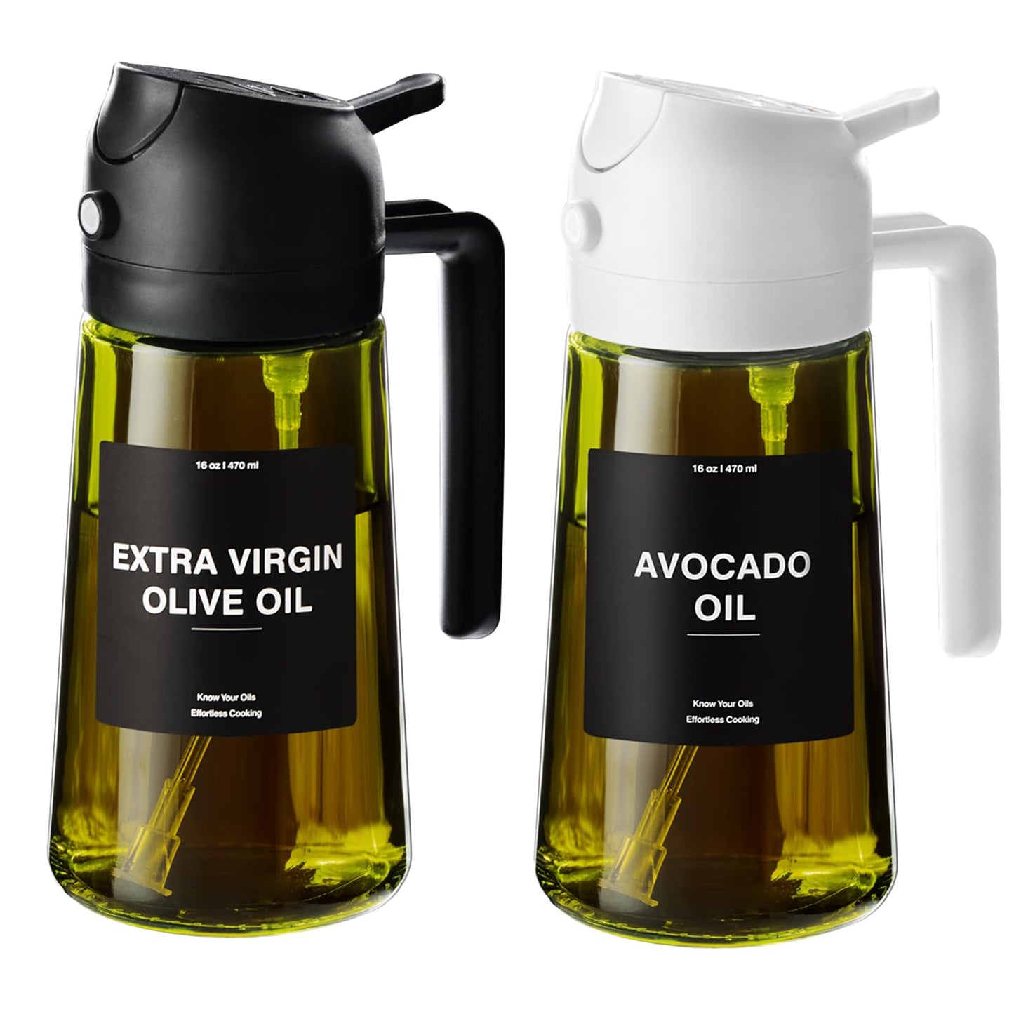 CXINYI - 16oz/470ml Olive Oil Dispenser for Kitchen with Stickers - 2 in 1 Olive Oil Sprayer for Cooking, Air Fryer, and Salad, Black&Green (Light-Proof Kitchen Gadget)