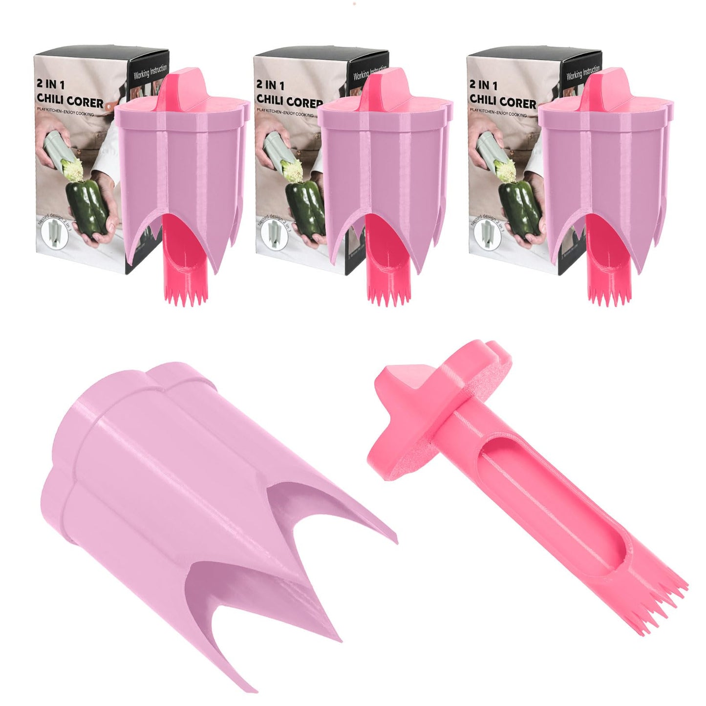 Pepper Corer, 2 in 1 Red Bell Pepper Seed Corer Remover Tool, Fruit & Vegetable Corers Quick Cave Tools for Jalapeno Cutter Deseeder, Blue Yellow, 3 PCS