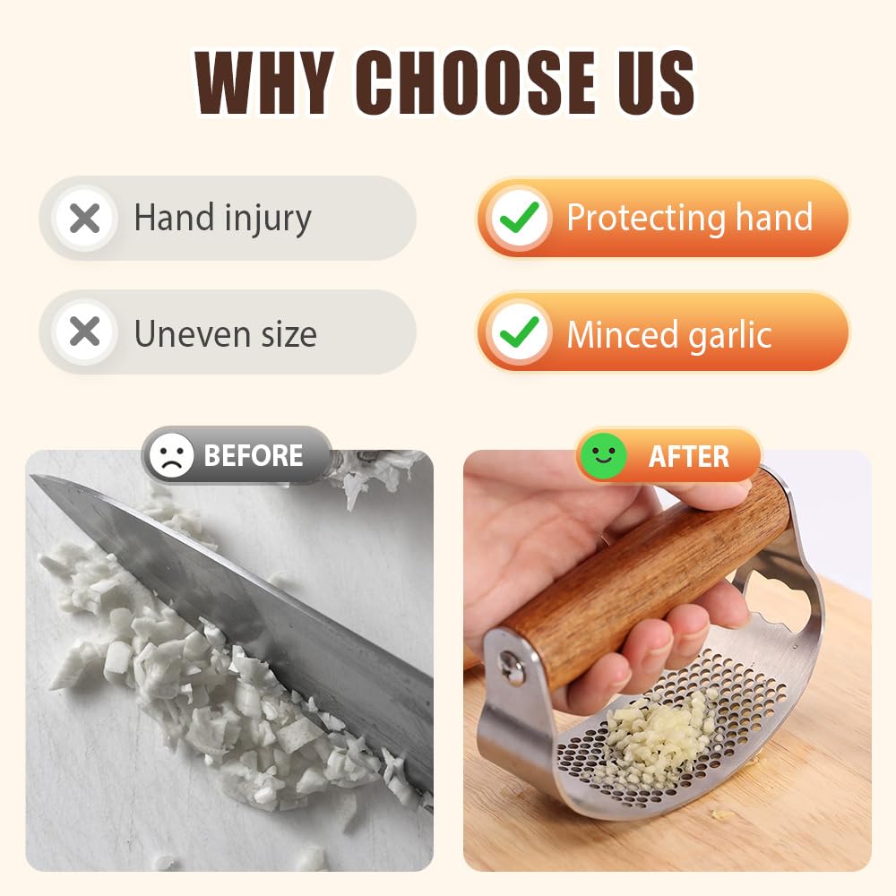 Stainless Steel Garlic Presser, 2025 Upgraded Rocker Professional Garlic Press, Ergonomic Garlic Crusher for Home Kitchen Use, Heavy Duty Mincer Tool Garlic Chopper Garlic Presser Mincer (1)