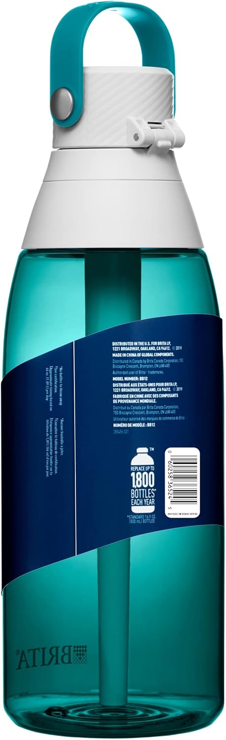 Brita Hard-Sided Plastic Premium Filtering Water Bottle, BPA-Free, Reusable, Replaces 300 Plastic Water Bottles, Filter Lasts 2 Months or 40 Gallons, Includes 1 Filter, Sea Glass - 36 oz.