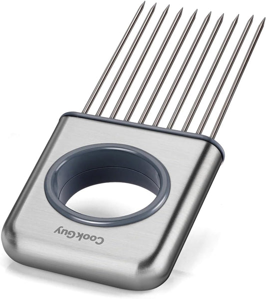 Cook Guy Stainless Steel Onion Holder and Slicer – Multi-Purpose Food Slicing Tool for Onions, Tomatoes, Avocados, Potatoes, Eggs, and More – Easy Grip with 10 Even Prongs