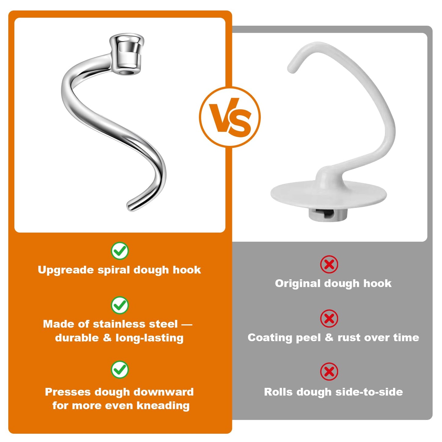 Stainless Steel Spiral Dough Hook for Kitchen Aid 4.5QT / 5QT Tilt-Head Mixers, Dishwasher Safe, Dough Hook Attachment - Efficient Kneading for Bread, Pizza, Pasta, Cookies