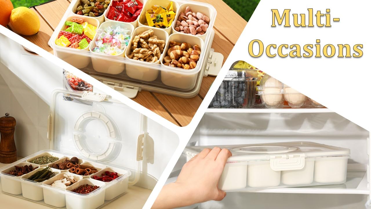 Divided Serving Tray for Candy, Condiment, Fruits and Nuts - Dishwasher Safe Snackle Box Container with Lid - Portable Charcuterie Board for Parties, Picnics, Travel and On-the-Go Snacking (6 Cups)